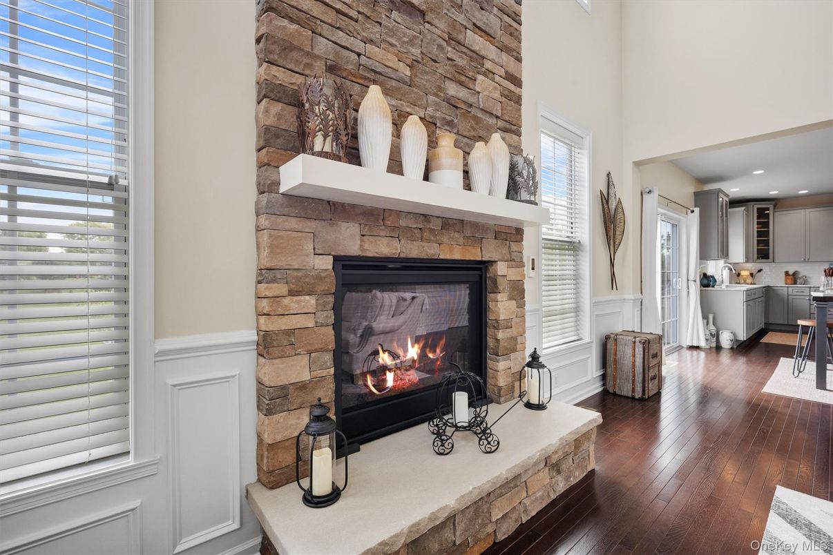 Fireplace, Interior, Kitchen, Recessed Lighting, Stone Walls, Wood Texture Flooring