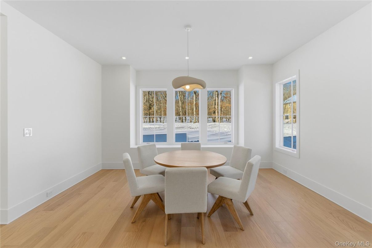 Dining room, Interior, Pendant Lights, Recessed Lighting, Wood Texture Flooring
