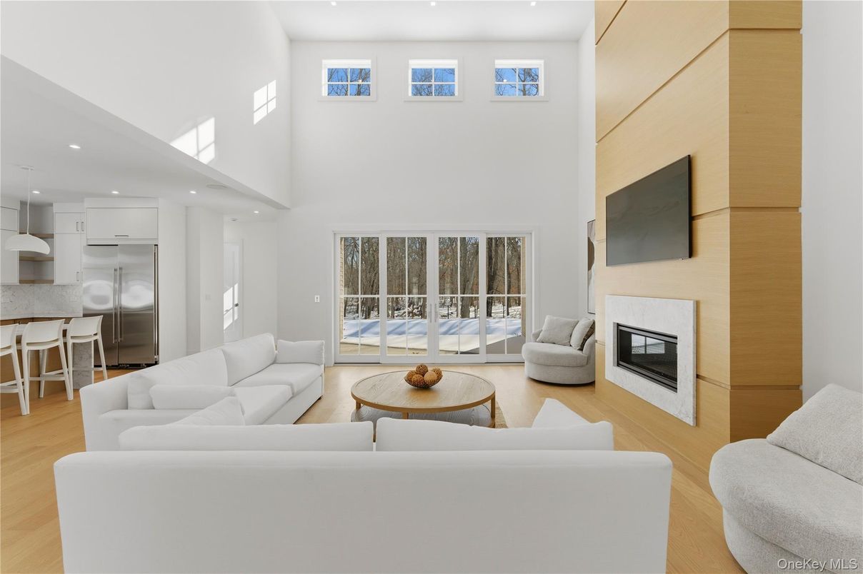 Fireplace, Interior, Kitchen, Living room, Recessed Lighting, Wood Texture Flooring