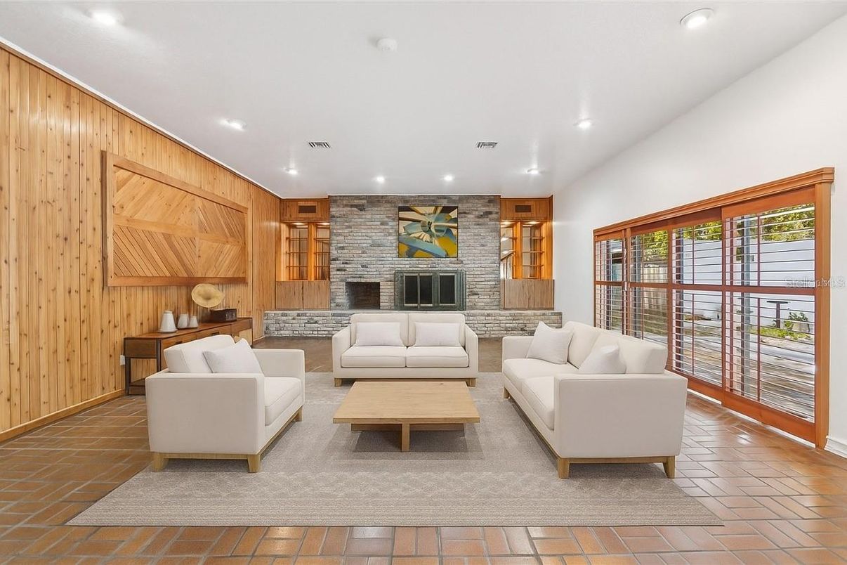 Fireplace, Interior, Living room, Recessed Lighting, Stone Walls, Wooden Walls