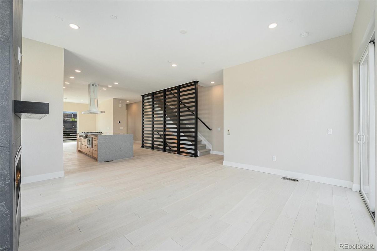 Empty room, Interior, Kitchen, Recessed Lighting, Wood Texture Flooring