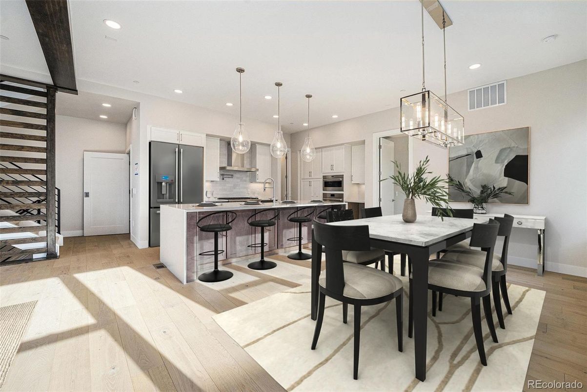 Dining room, Interior, Kitchen, Pendant Lights, Recessed Lighting, Stainless Steel Appliances, Wood Texture Flooring