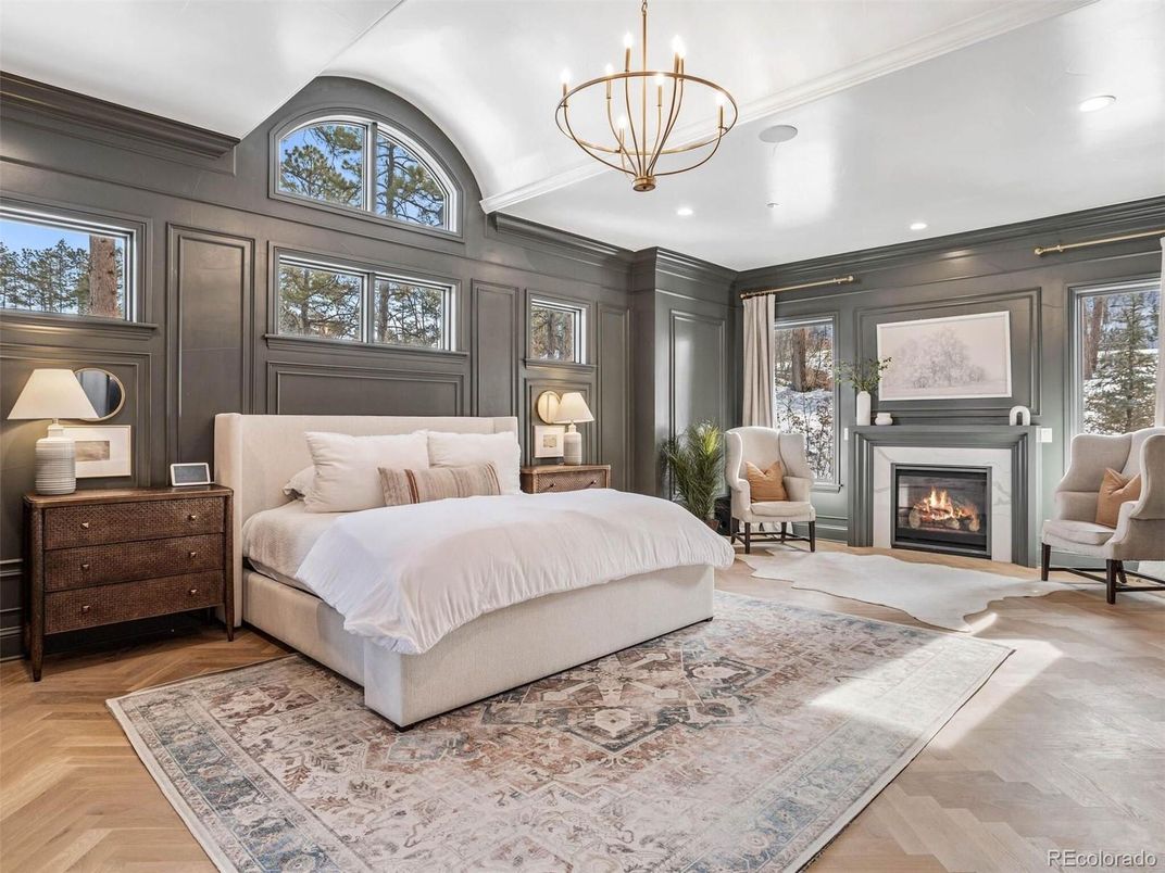 Bedroom, Fireplace, Interior, Pendant Lights, Recessed Lighting, Wood Texture Flooring