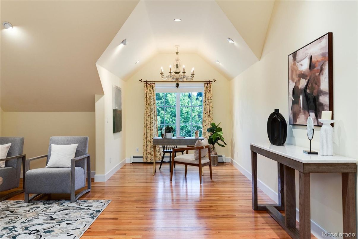 Chandelier, Home Office, Interior, Recessed Lighting, Wood Texture Flooring