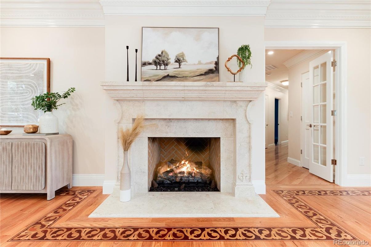 Fireplace, Interior, Recessed Lighting, Wood Texture Flooring