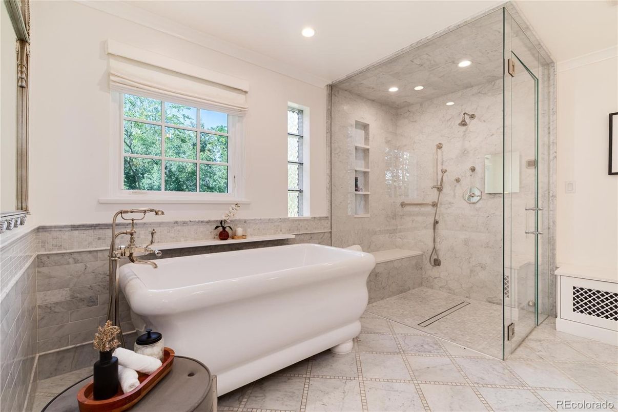 Bathroom, Free Standing Baths, Glass Shower, Interior, Marble Walls, Recessed Lighting