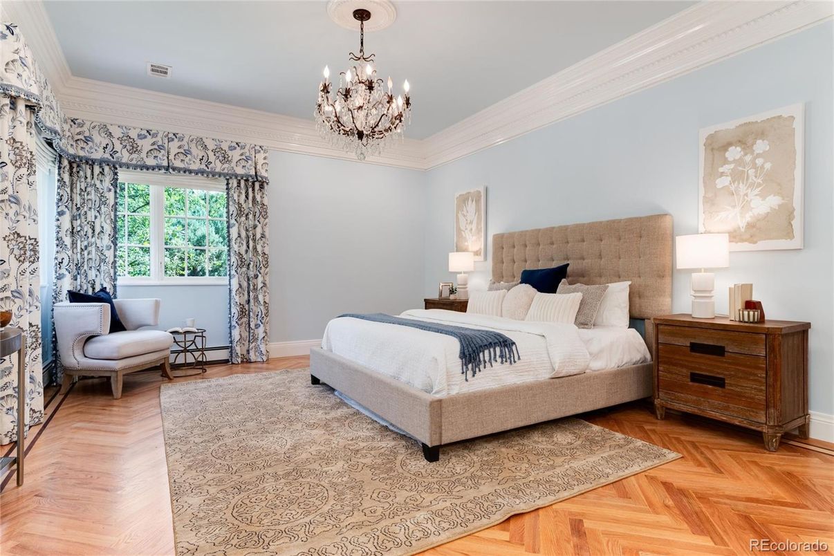 Bedroom, Chandelier, Interior, Wood Texture Flooring