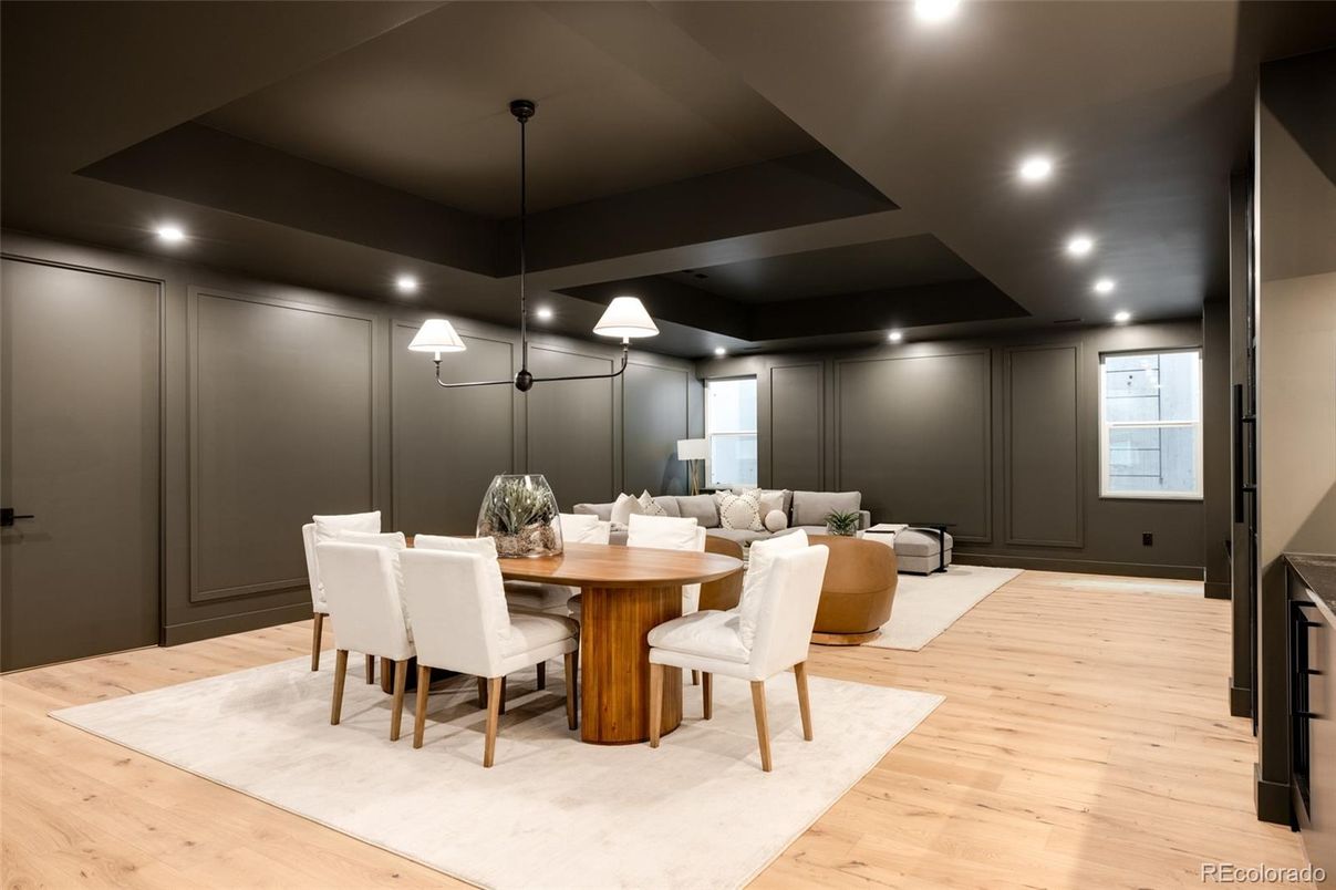 Dining room, Interior, Living room, Pendant Lights, Recessed Lighting, Wood Texture Flooring