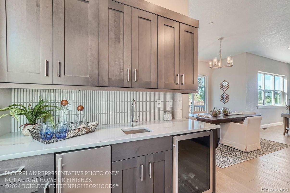 Chandelier, Dining room, Interior, Kitchen, Pendant Lights, Stainless Steel Appliances, Wood Texture Flooring