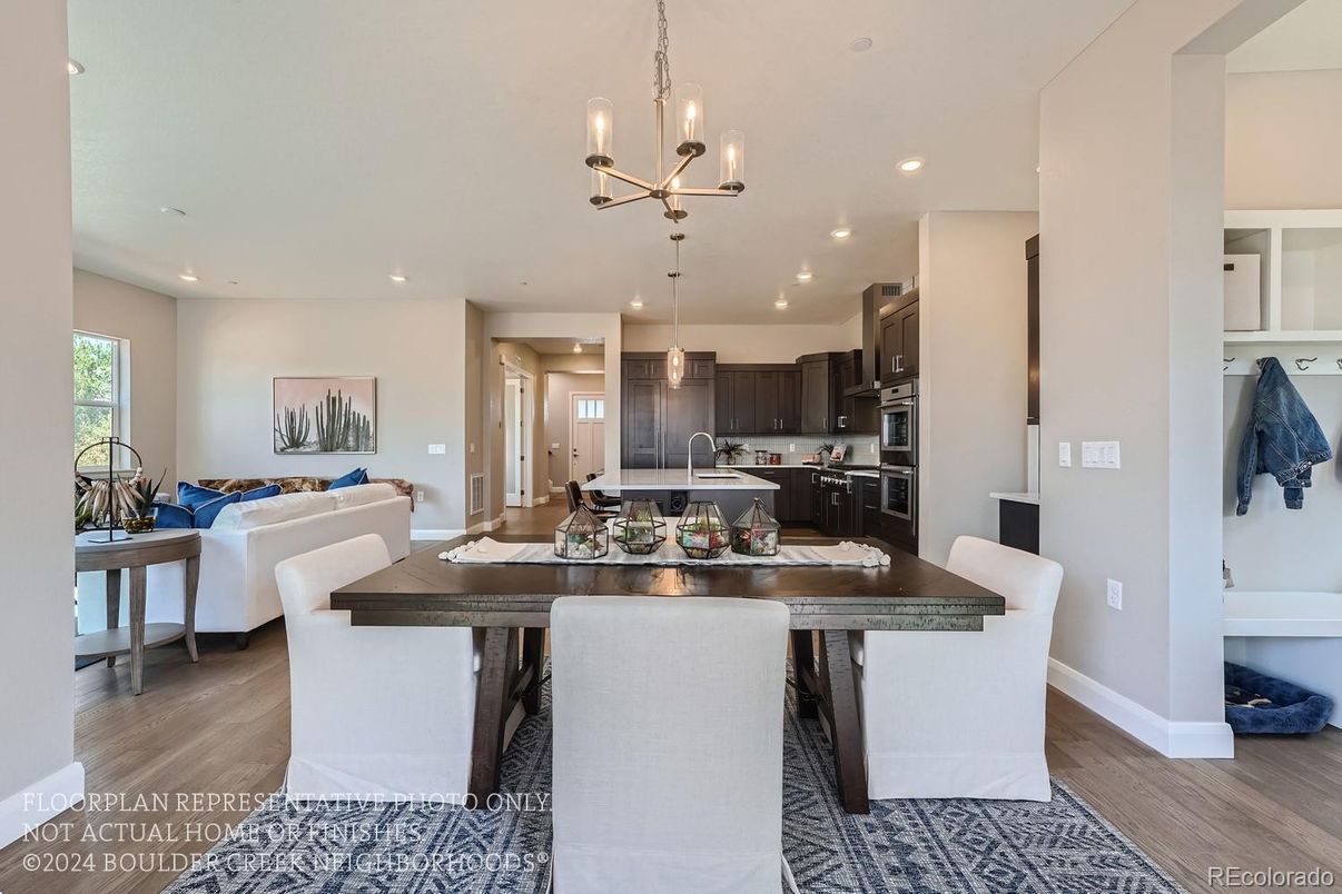 Dining room, Interior, Kitchen, Living room, Pendant Lights, Recessed Lighting, Stainless Steel Appliances, Wood Texture Flooring