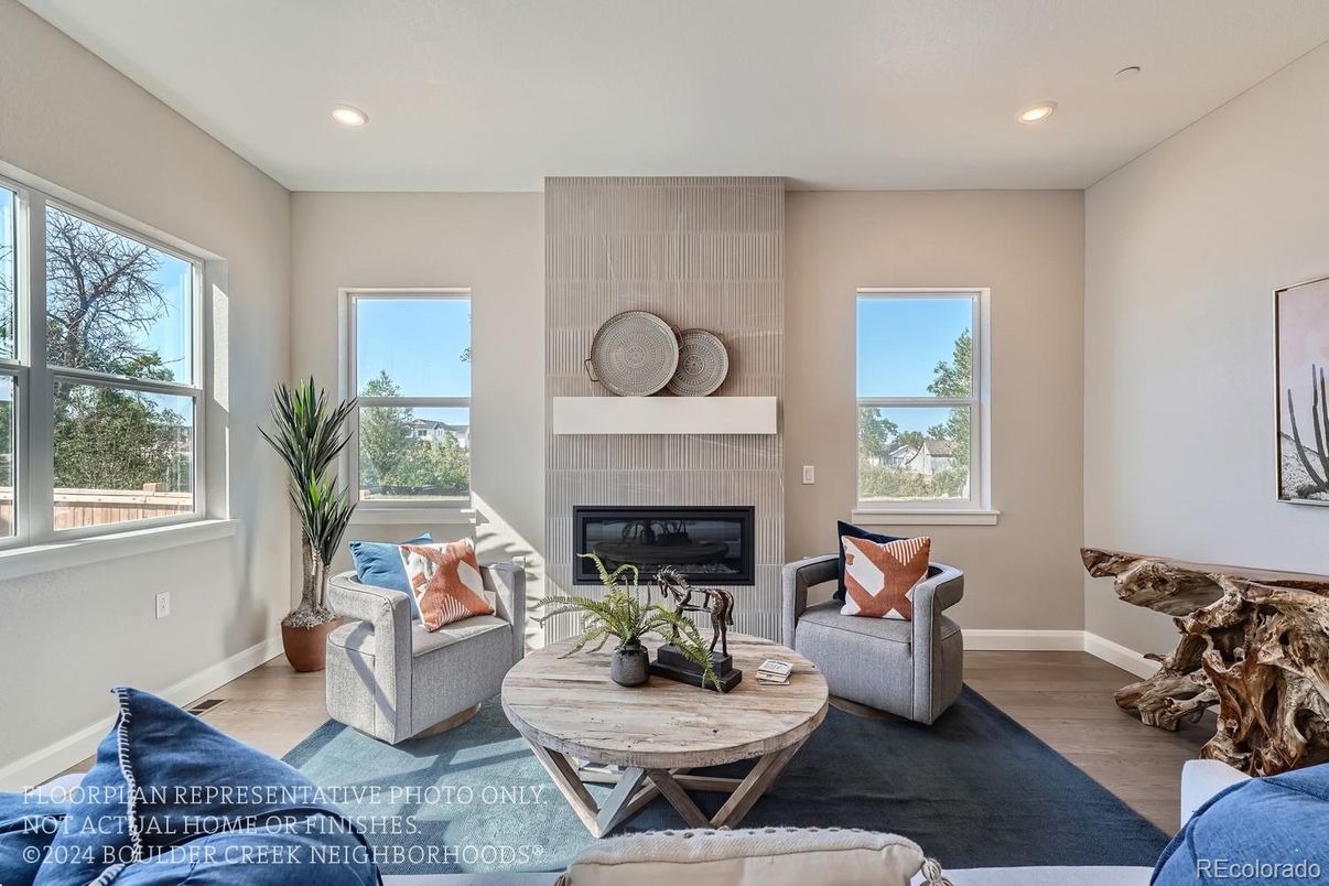 Fireplace, Interior, Living room, Recessed Lighting, Wood Texture Flooring