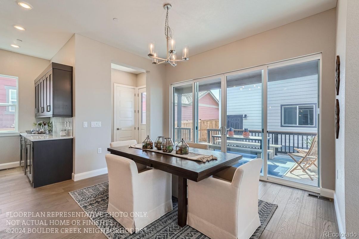 Chandelier, Dining room, Interior, Recessed Lighting, Wood Texture Flooring