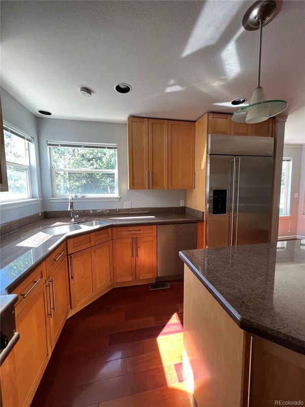 Interior, Kitchen, Recessed Lighting, Stainless Steel Appliances, Wood Texture Flooring