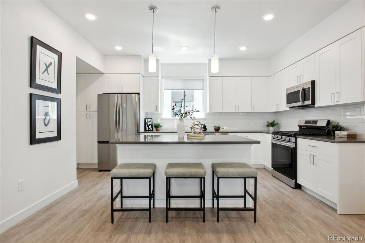 Interior, Kitchen, Pendant Lights, Recessed Lighting, Stainless Steel Appliances, Wood Texture Flooring