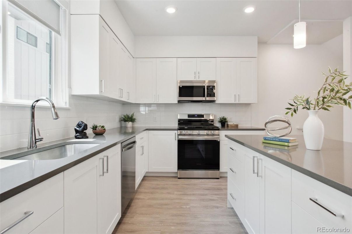 Interior, Kitchen, Pendant Lights, Recessed Lighting, Stainless Steel Appliances, Wood Texture Flooring