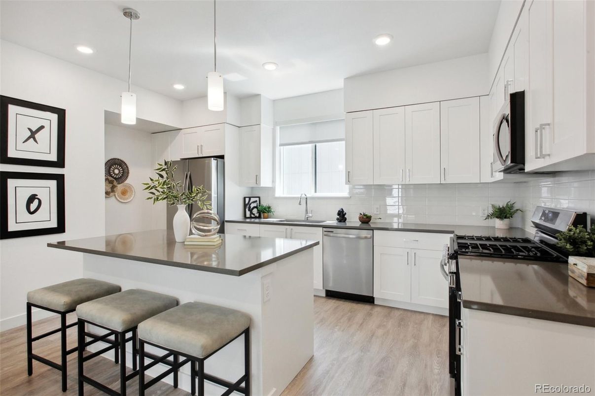 Interior, Kitchen, Pendant Lights, Recessed Lighting, Stainless Steel Appliances, Wood Texture Flooring