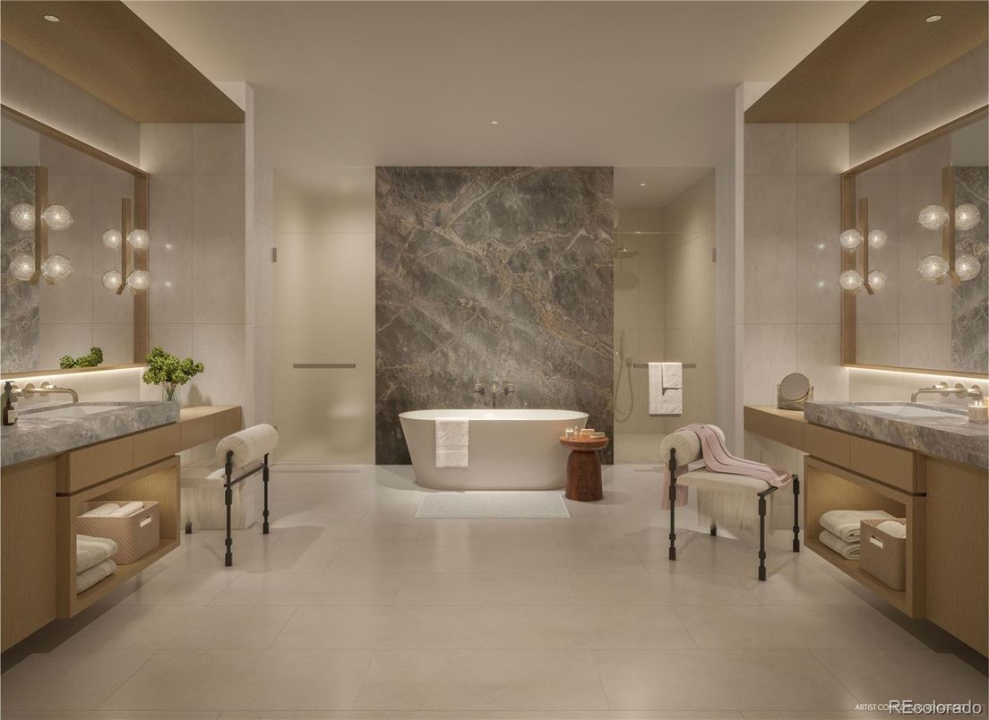 Bathroom, Free Standing Baths, Interior, Marble Walls, Recessed Lighting