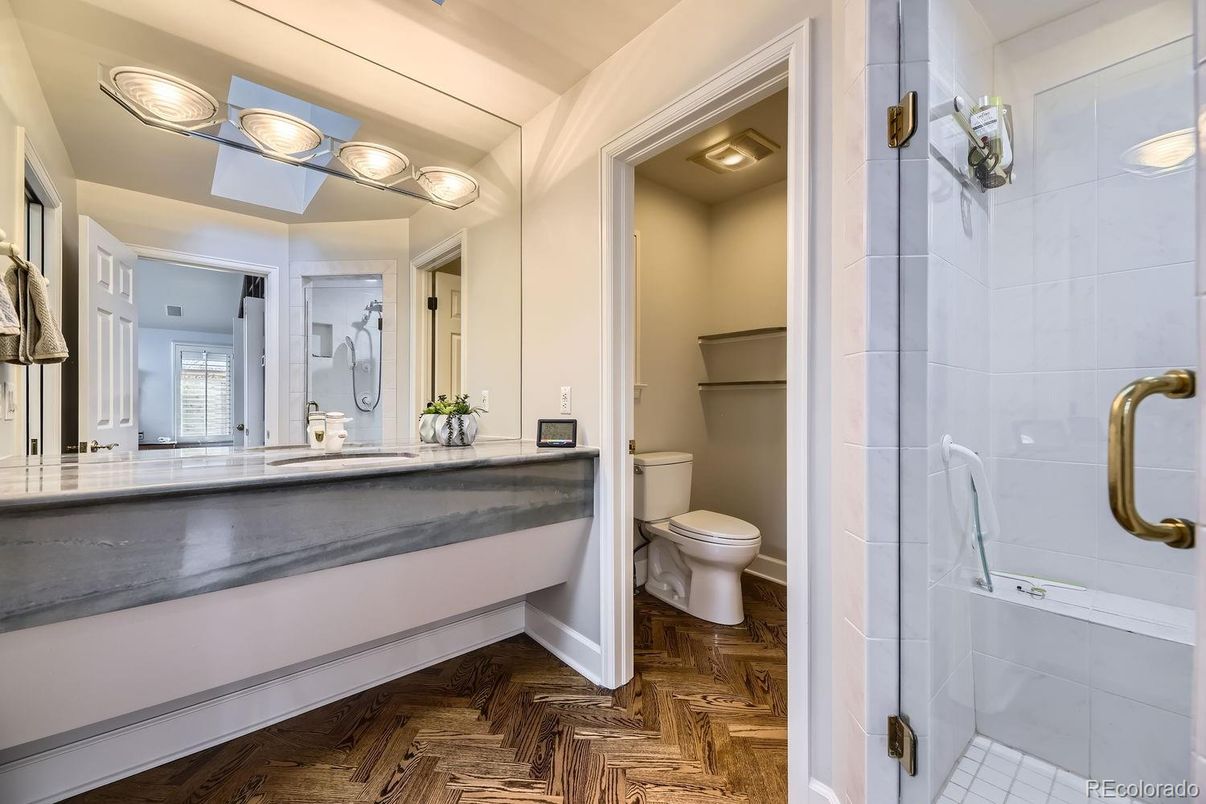 Bathroom, Glass Shower, Interior, Wood Texture Flooring