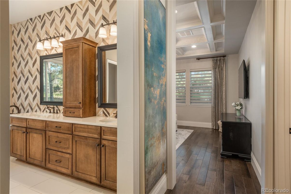 Bathroom, Dual Sink Vanities, Interior, Recessed Lighting, Wood Texture Flooring