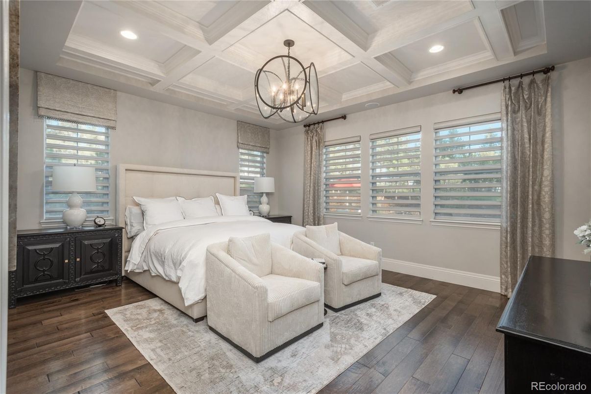 Bedroom, Chandelier, Interior, Pendant Lights, Recessed Lighting, Wood Texture Flooring