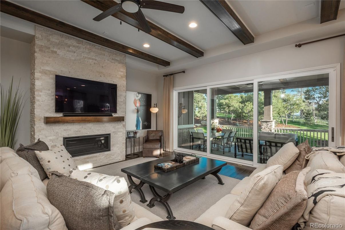 Fireplace, Interior, Living room, Recessed Lighting, Stone Walls, Wooden Beams, Wood Texture Flooring