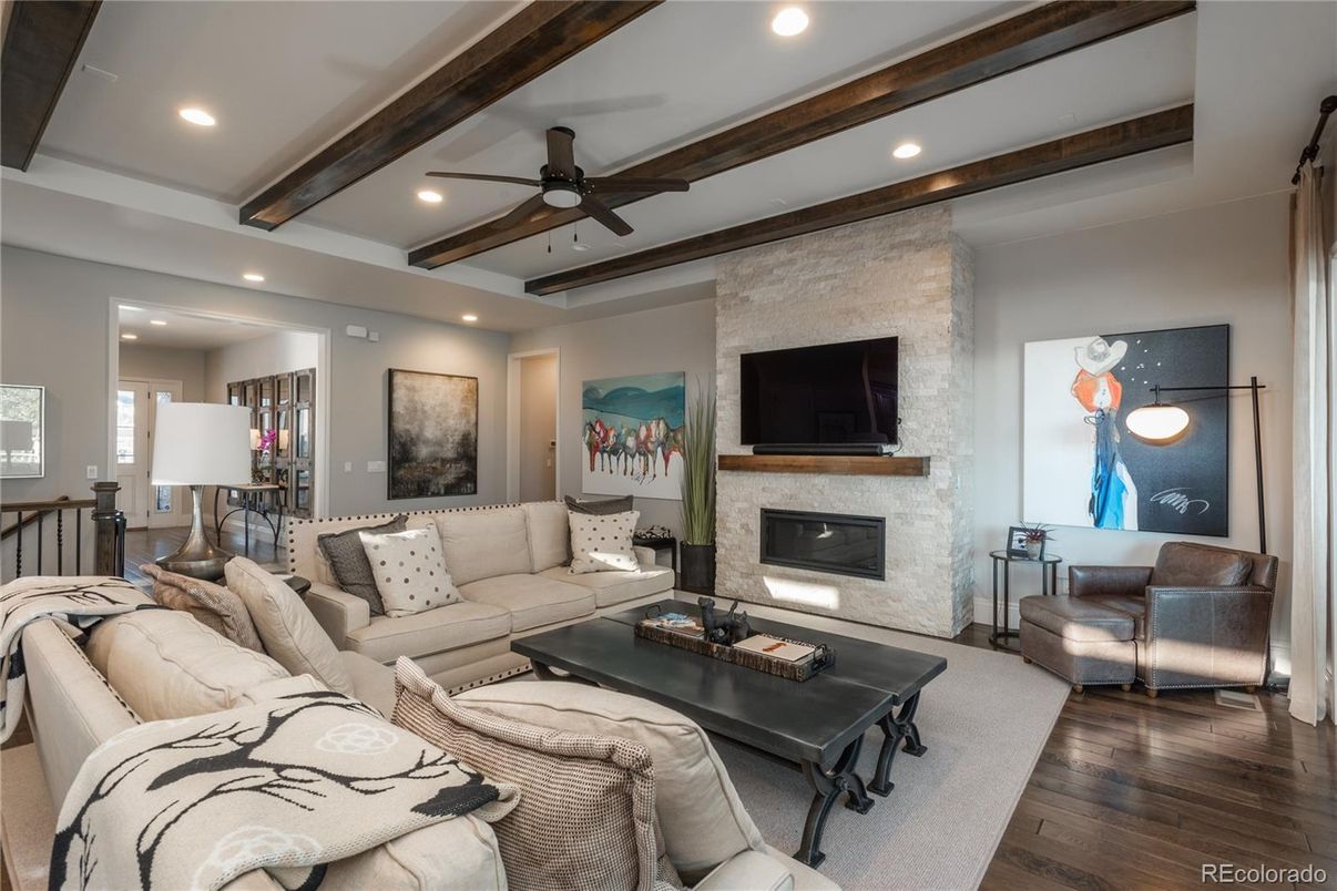 Fireplace, Interior, Living room, Recessed Lighting, Stone Walls, Wooden Beams, Wood Texture Flooring