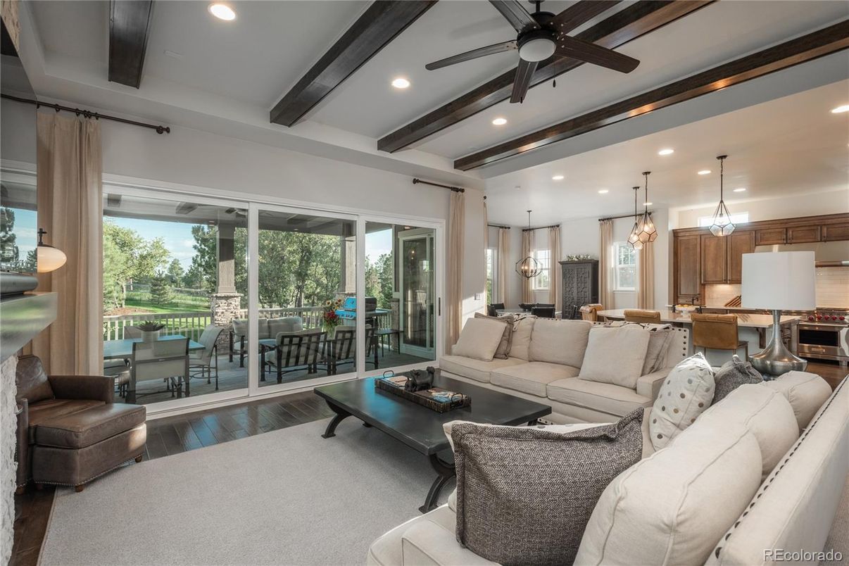 Dining room, Interior, Living room, Pendant Lights, Recessed Lighting, Wooden Beams, Wood Texture Flooring