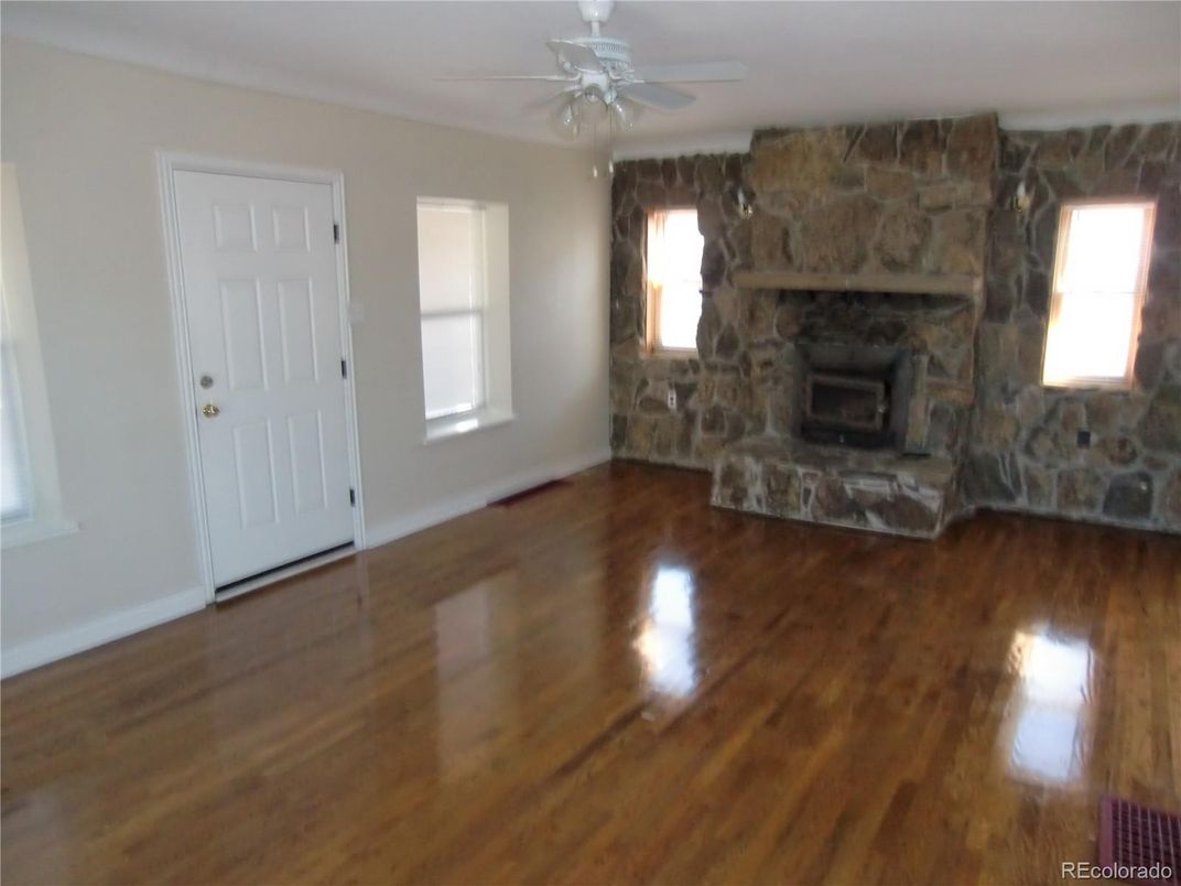 Empty room, Fireplace, Interior, Stone Walls, Wood Texture Flooring