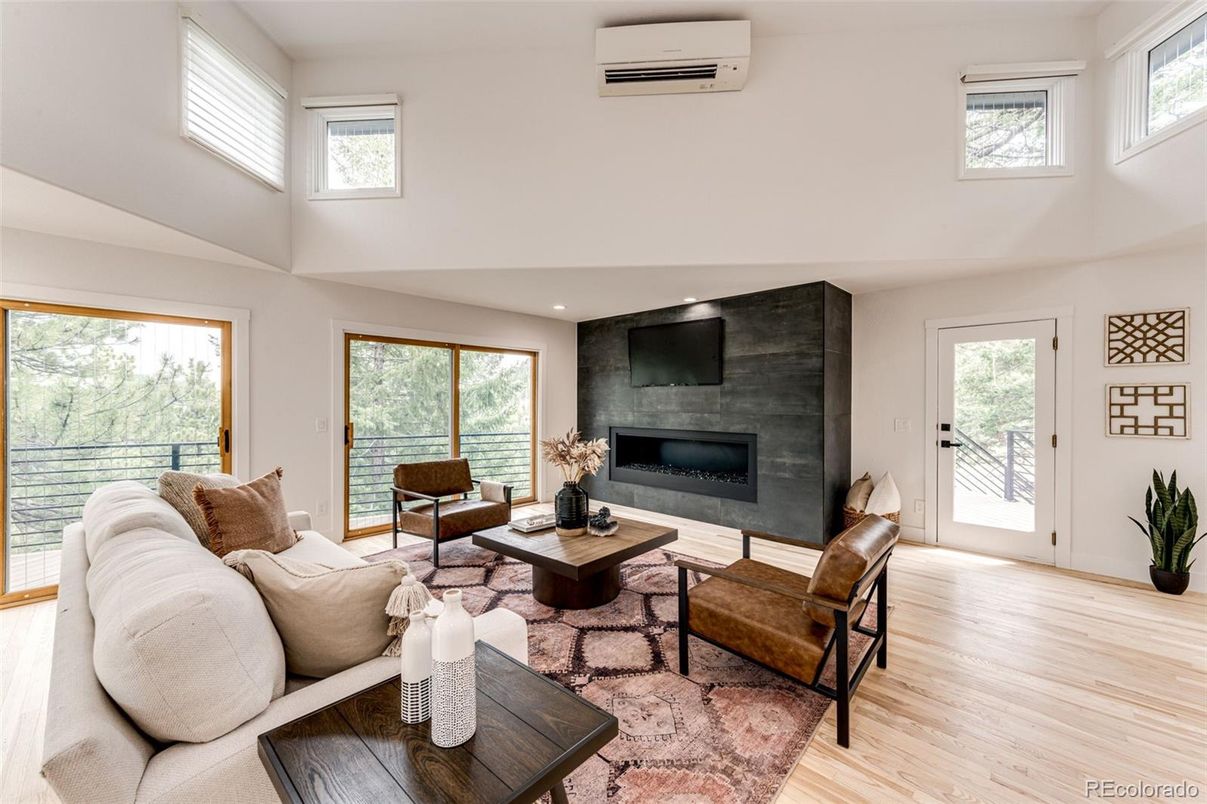 Fireplace, Interior, Living room, Recessed Lighting, Wood Texture Flooring