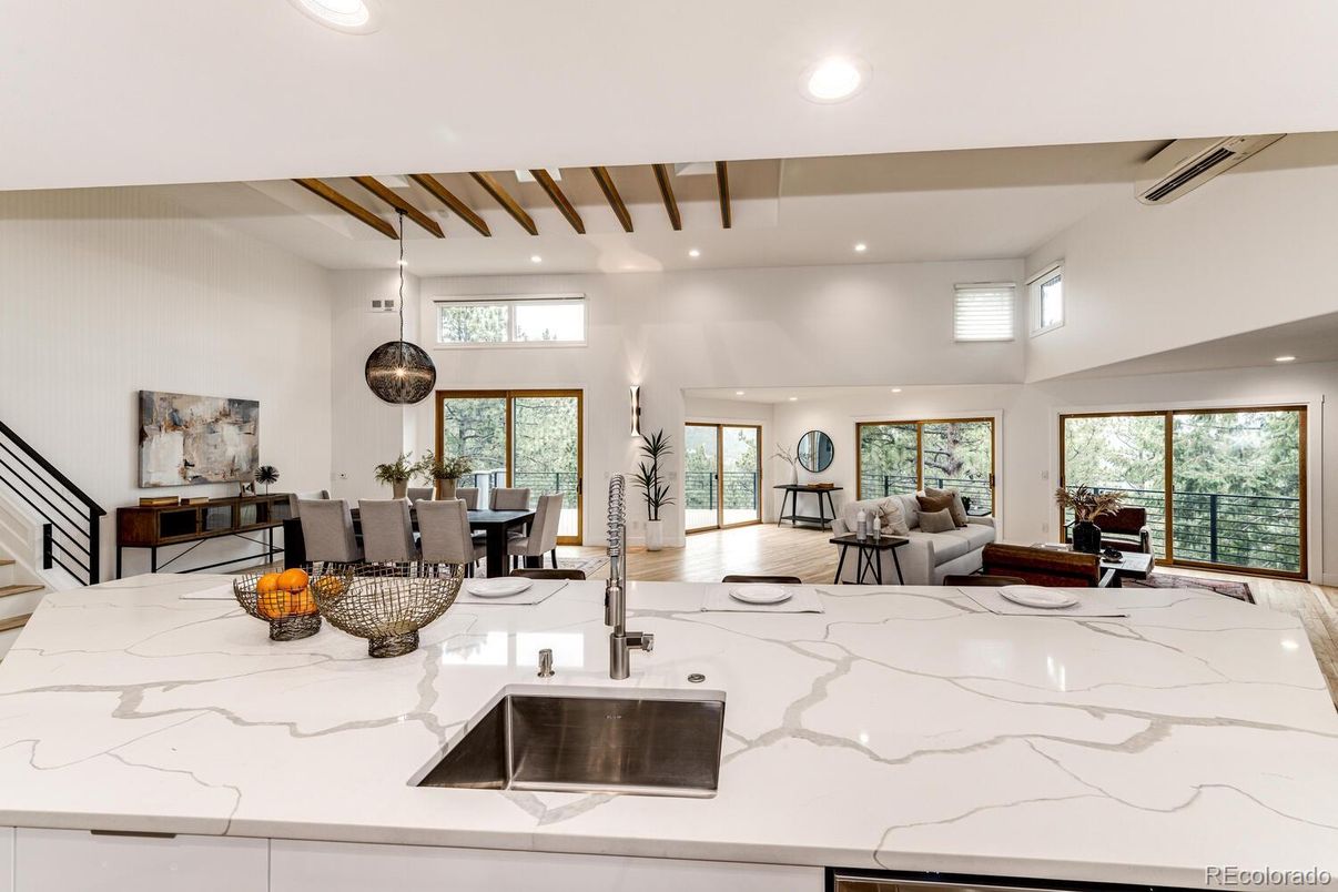 Dining room, Interior, Pendant Lights, Recessed Lighting, Wooden Beams