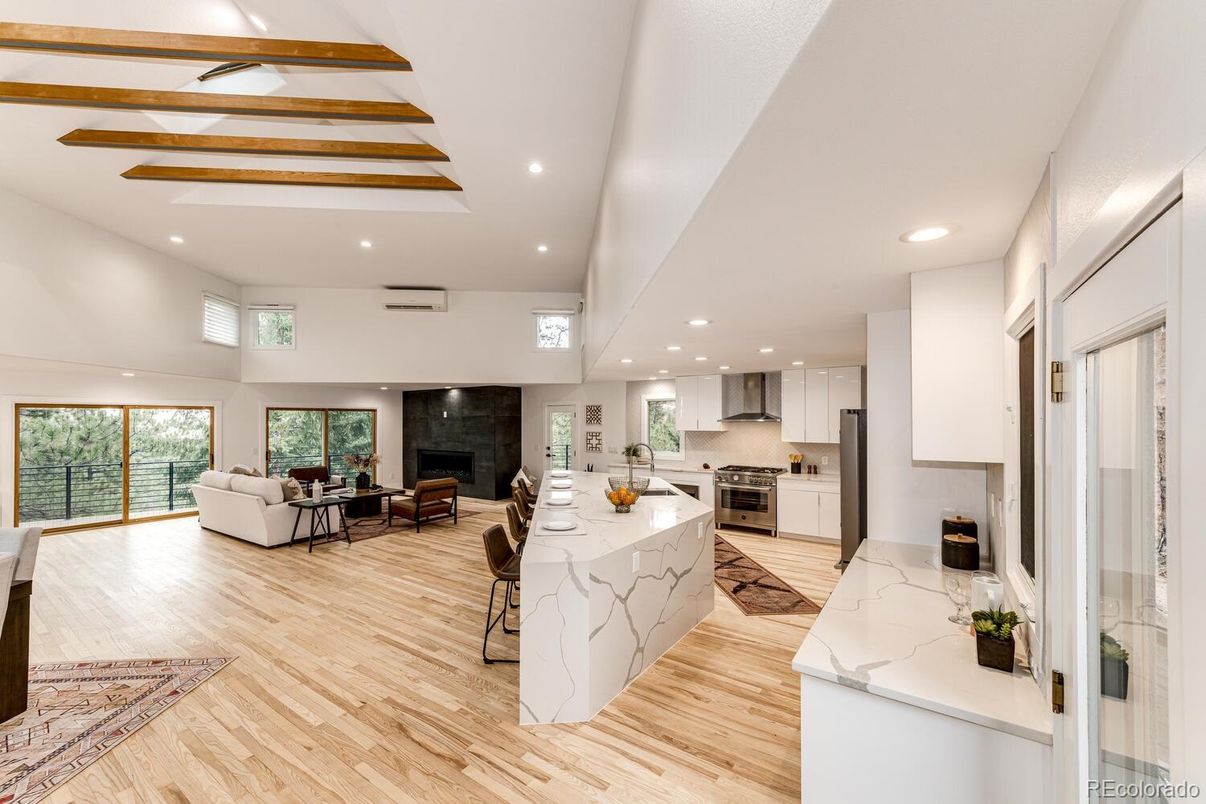 Dining room, Interior, Kitchen, Living room, Recessed Lighting, Wood Texture Flooring