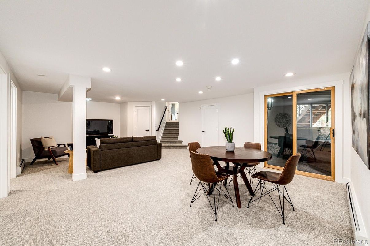Dining room, Fireplace, Interior, Living room, Recessed Lighting