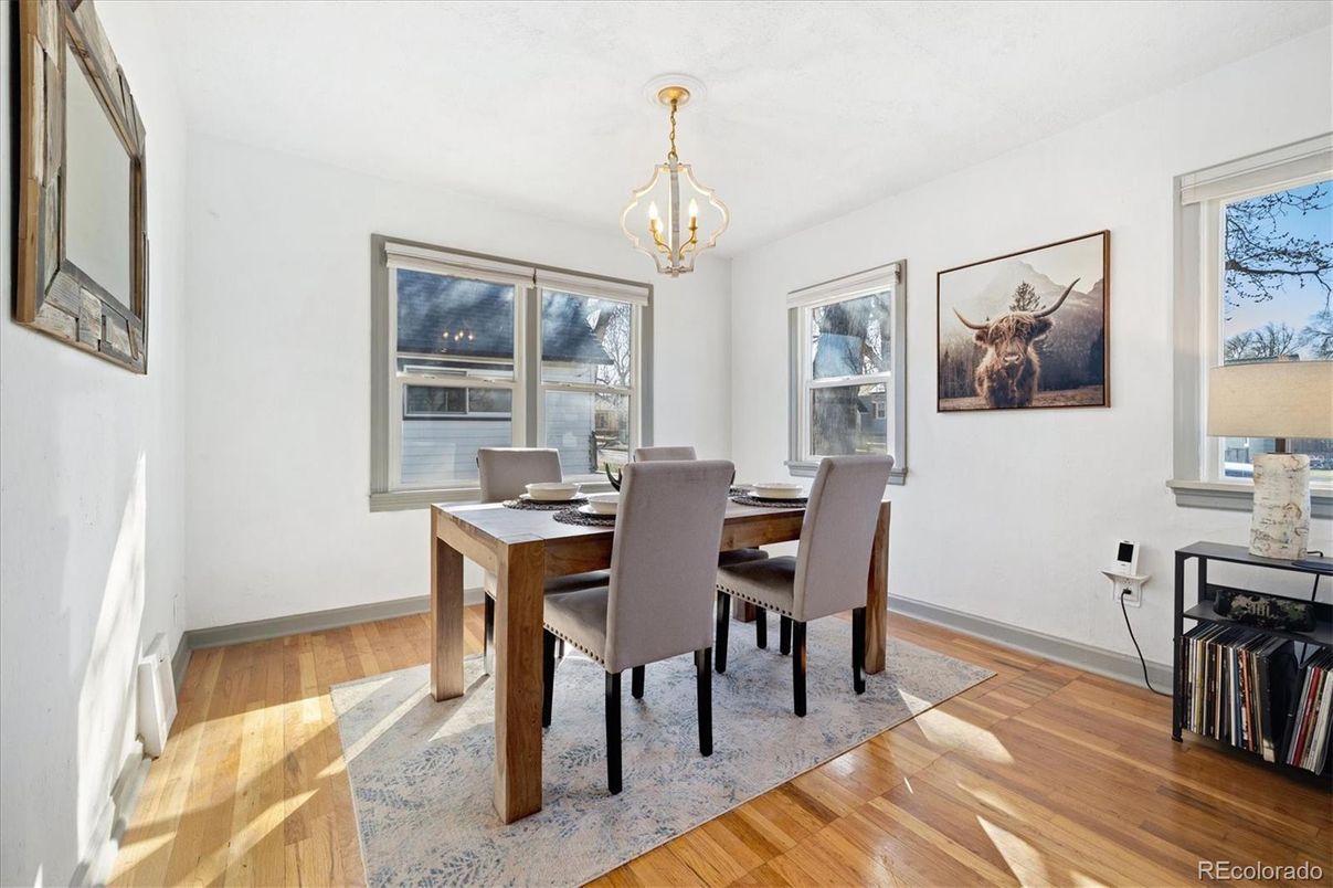 Dining room, Interior, Pendant Lights, Wood Texture Flooring