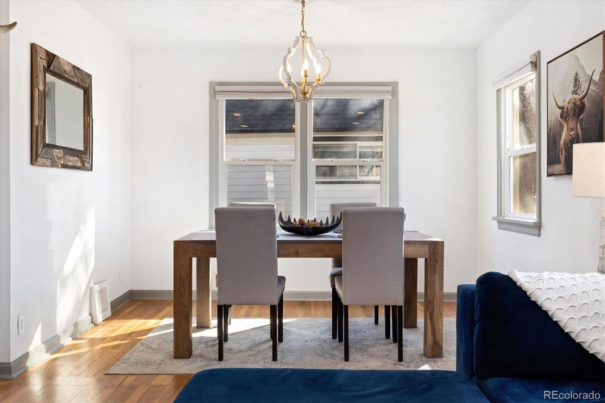 Dining room, Interior, Pendant Lights, Wood Texture Flooring