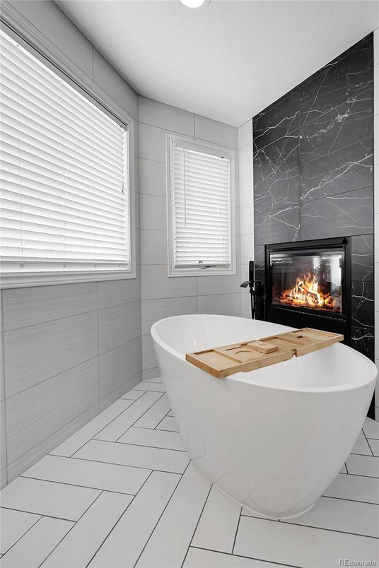 Bathroom, Fireplace, Free Standing Baths, Interior, Marble, Marble Walls, Recessed Lighting