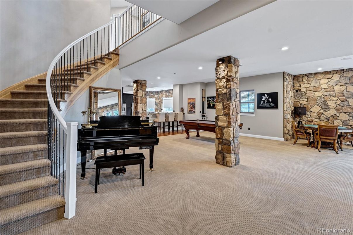 Billiard Table, Dining room, Fireplace, Game Room, Interior, Piano, Recessed Lighting, Stone Walls