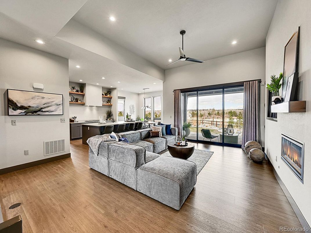 Fireplace, Interior, Living room, Recessed Lighting, Wood Texture Flooring