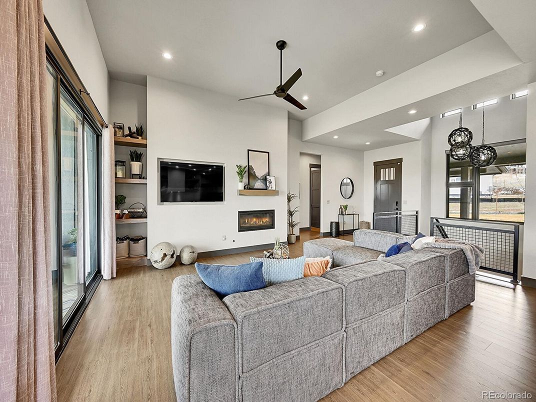 Fireplace, Interior, Living room, Recessed Lighting, Wood Texture Flooring
