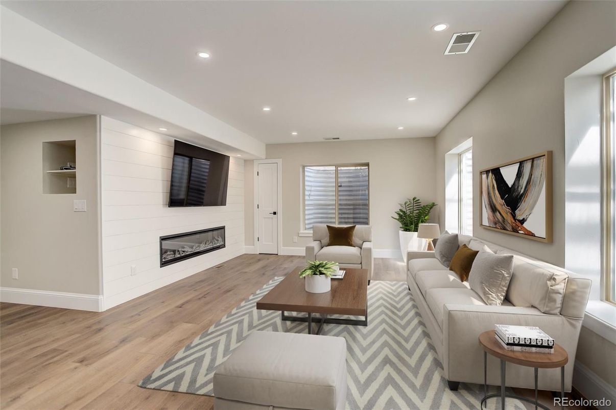 Fireplace, Interior, Living room, Recessed Lighting, Wood Texture Flooring