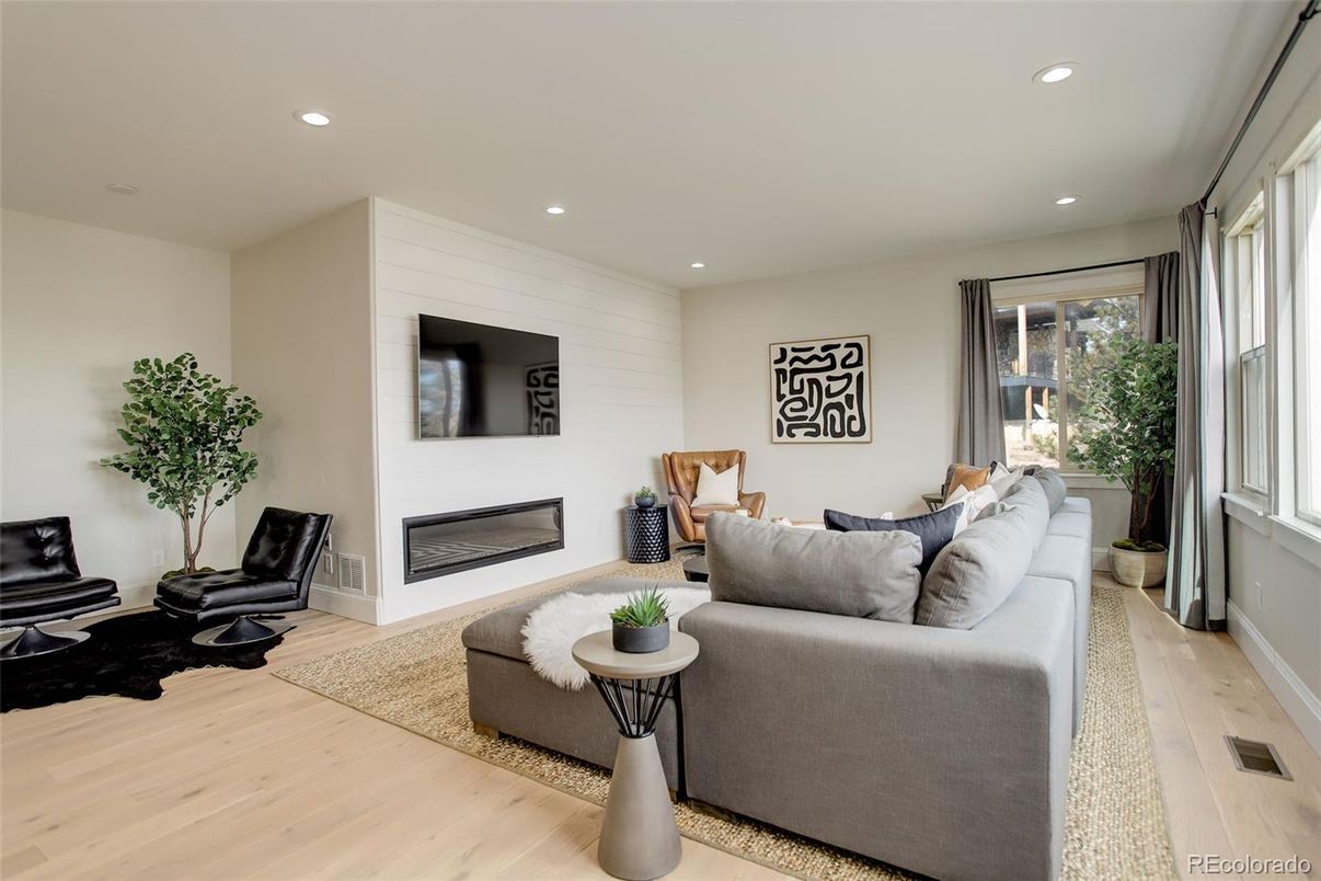 Fireplace, Interior, Living room, Recessed Lighting, Wood Texture Flooring