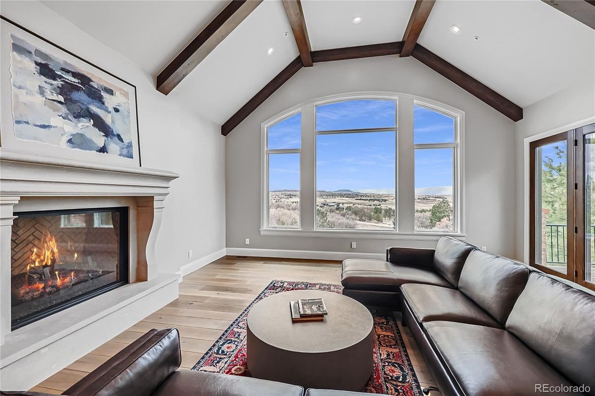 Fireplace, Interior, Living room, Recessed Lighting, Wooden Beams, Wood Texture Flooring