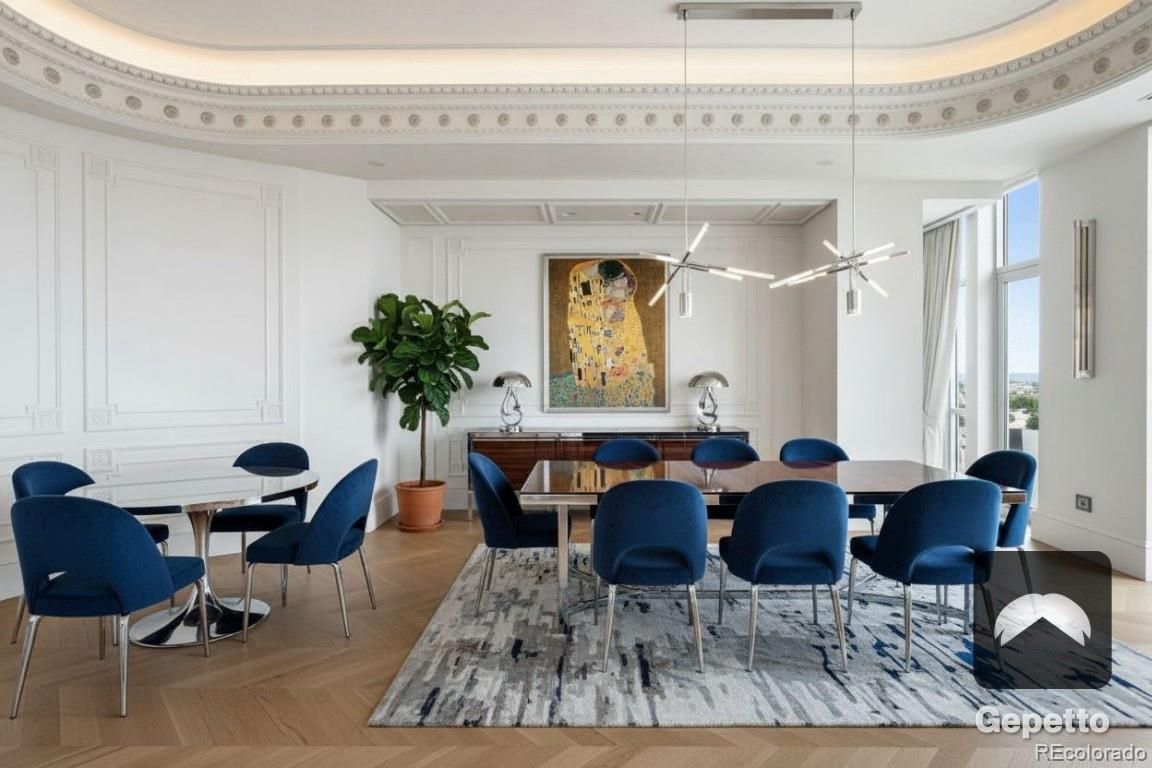 Dining room, Interior, Pendant Lights, Wood Texture Flooring