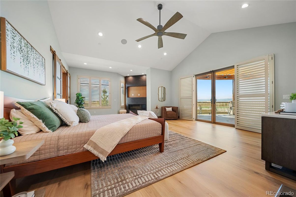 Bedroom, Fireplace, Interior, Recessed Lighting, Wood Texture Flooring