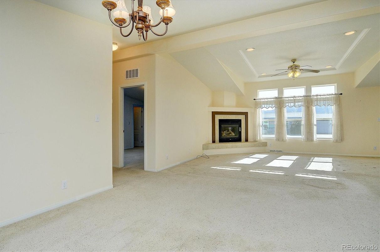 Chandelier, Empty room, Fireplace, Interior, Recessed Lighting