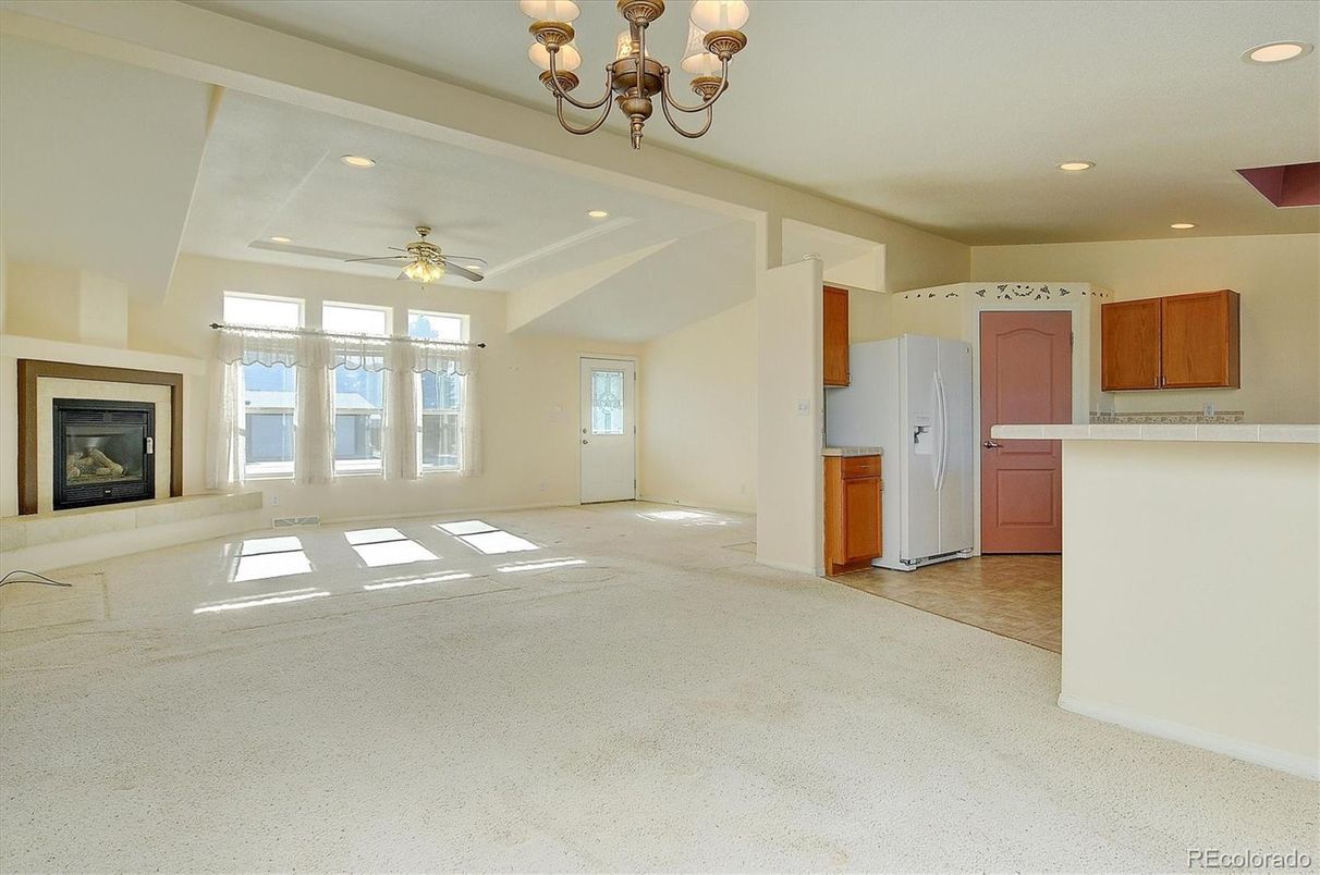 Chandelier, Empty room, Fireplace, Interior, Kitchen, Recessed Lighting