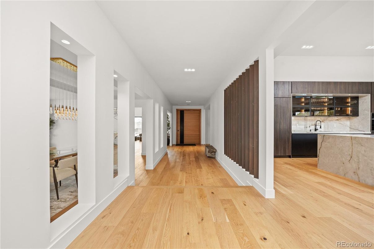 Interior, Kitchen, Marble Walls, Recessed Lighting, Wood Texture Flooring