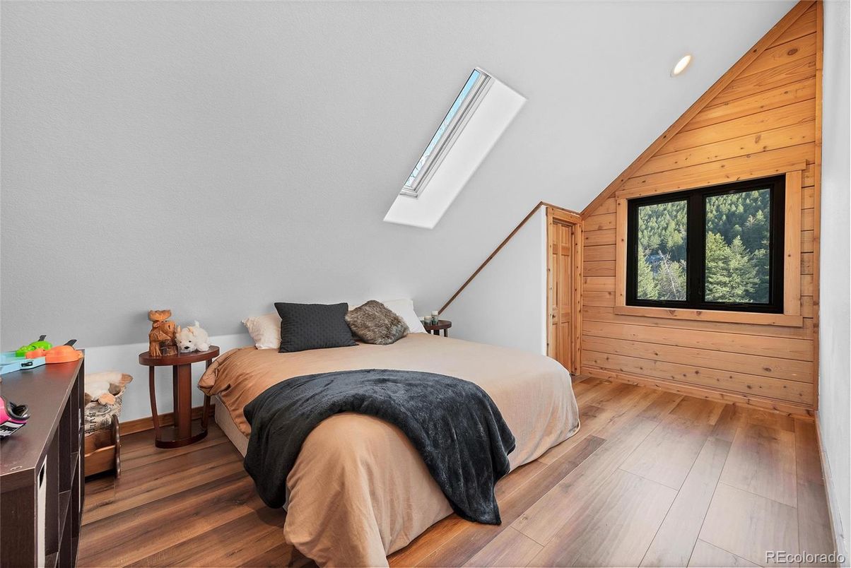 Bedroom, Interior, Recessed Lighting, Wood Texture Flooring, Wooden Walls