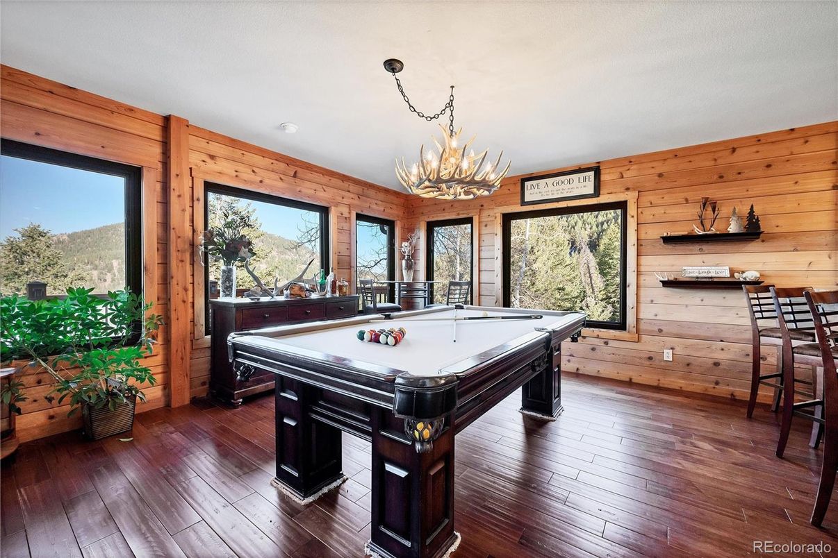 Billiard Table, Chandelier, Game Room, Interior, Wood Texture Flooring, Wooden Walls