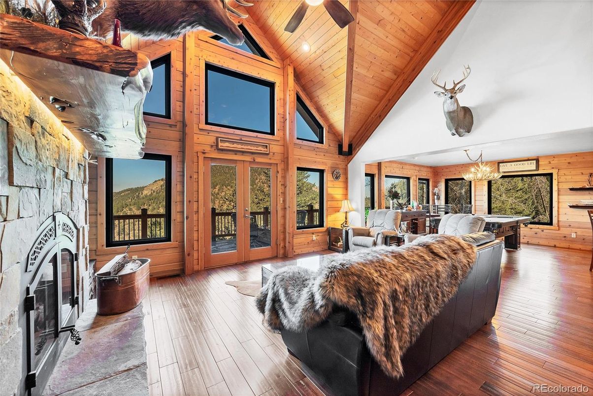 Chandelier, Dining room, Fireplace, Interior, Living room, Wooden Beams, Wooden Ceilings, Wood Texture Flooring, Wooden Walls