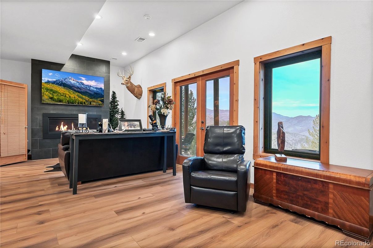 Fireplace, Home Office, Interior, Recessed Lighting, Wood Texture Flooring